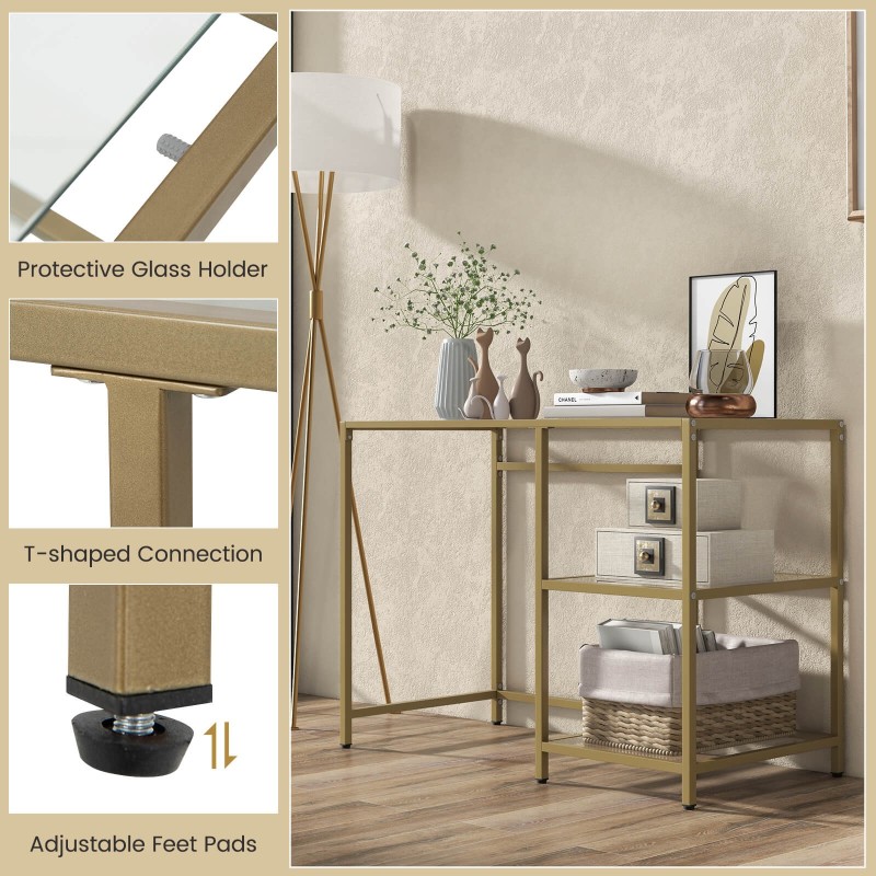 Kultainen lasinen konsolipöytä kahdella hyllyllä ja metallirungolla