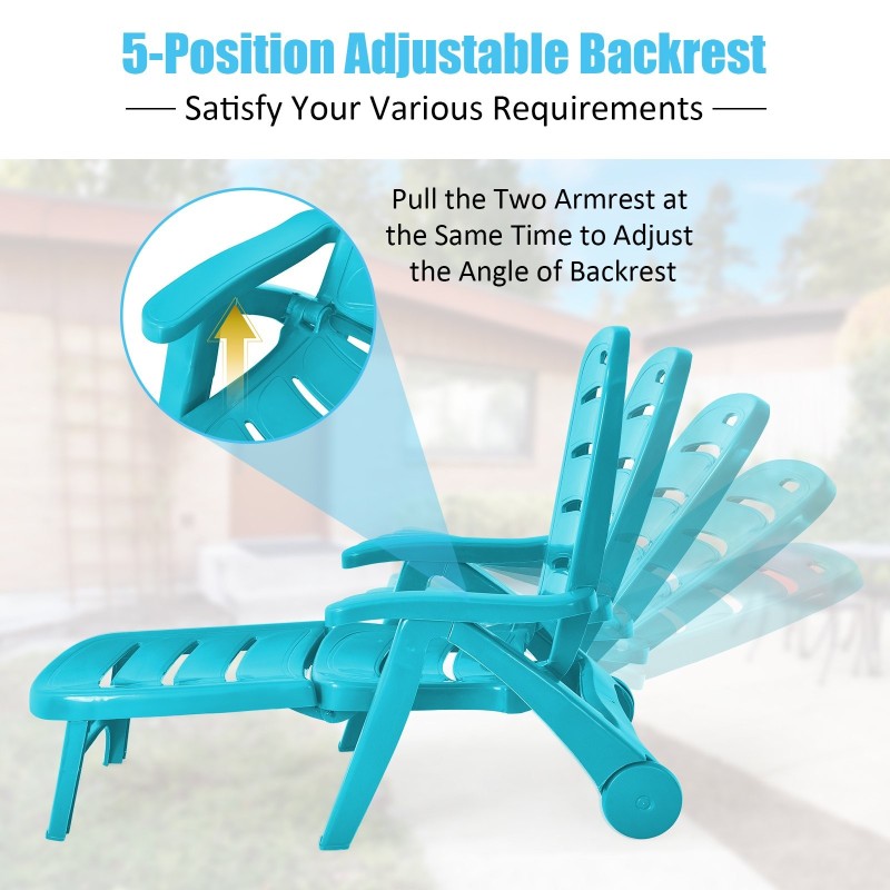 Turkoosi taitettava aurinkotuoli, säädettävä ja kestävä ulkokäyttöön