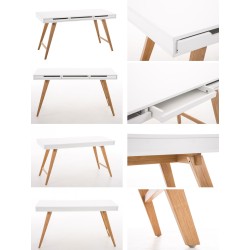 Moderni valkoinen kirjoituspöytä tammijaloilla ja laatikoilla