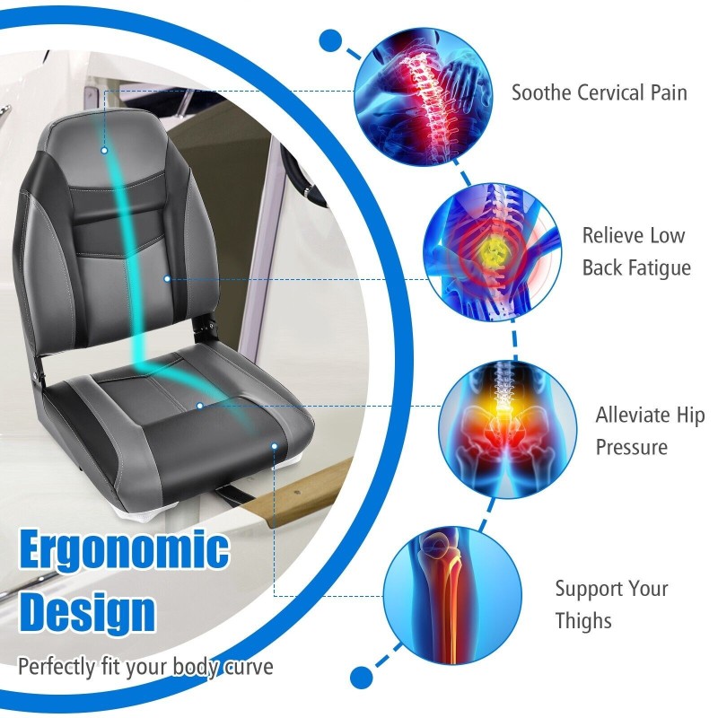 Taitettava musta veneistuin, ergonominen selkänoja, paksu pehmuste Taitettava musta veneistuin, ergonominen selkänoja, paksu pehmuste