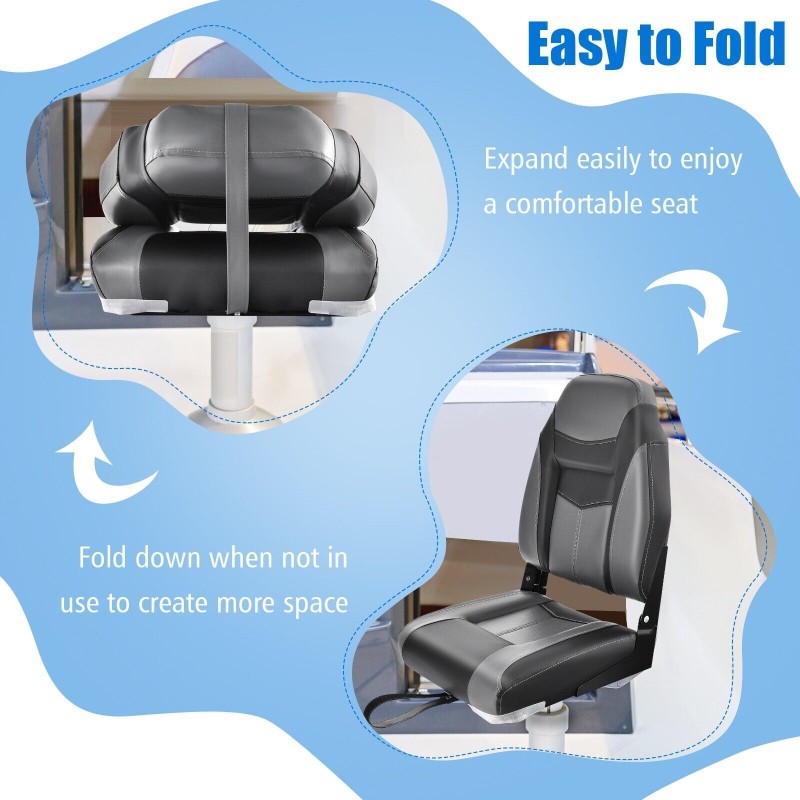 Taitettava musta veneistuin, ergonominen selkänoja, paksu pehmuste Taitettava musta veneistuin, ergonominen selkänoja, paksu pehmuste