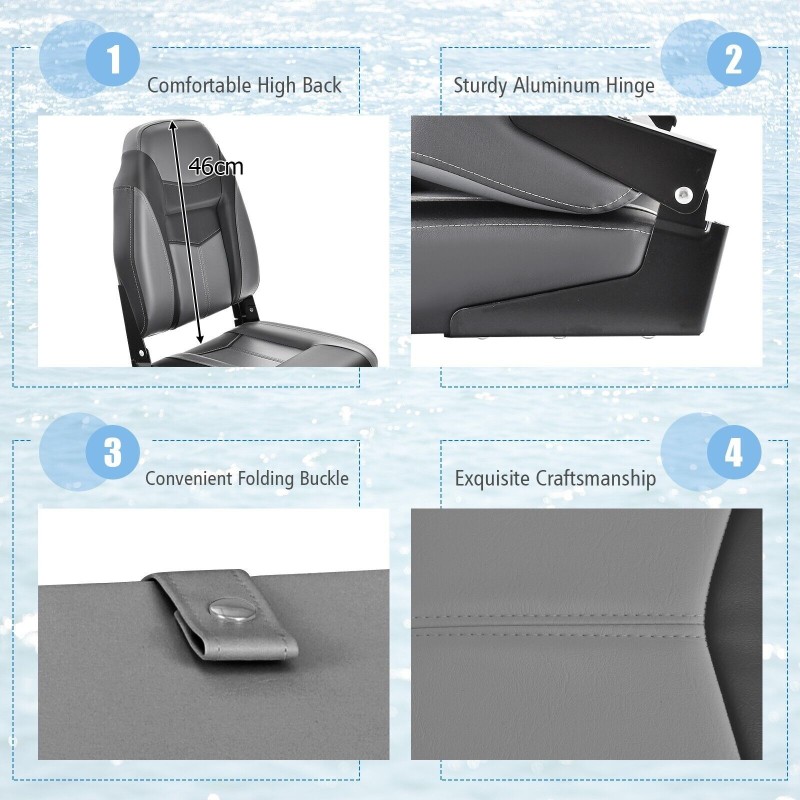 Taitettava musta veneistuin, ergonominen selkänoja, paksu pehmuste Taitettava musta veneistuin, ergonominen selkänoja, paksu pehmuste
