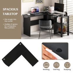 L-muotoinen tietokonepöytä musta, 2 säilytyshyllyä