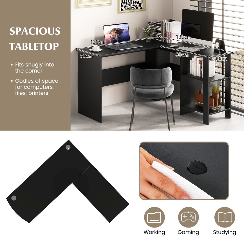 L-muotoinen tietokonepöytä musta, 2 säilytyshyllyä