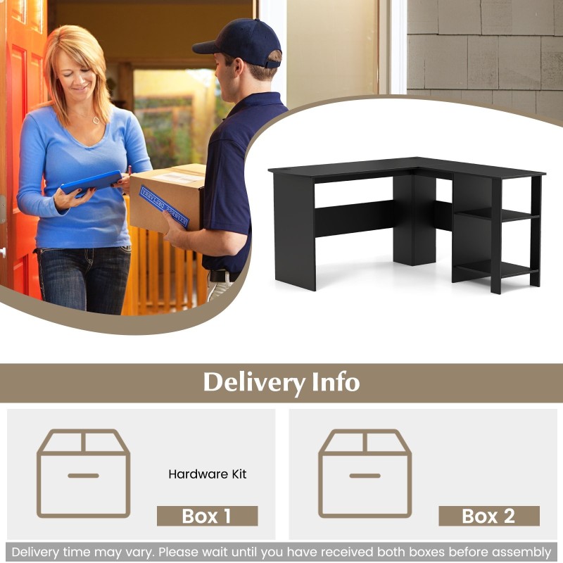 L-muotoinen tietokonepöytä musta, 2 säilytyshyllyä