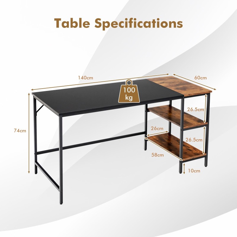 Monipuolinen teollinen tietokonepöytä, rustiikkinen ruskea, säädettävä hyllystö