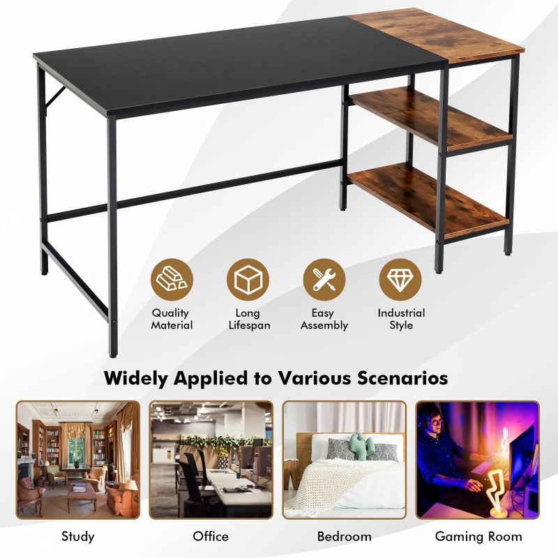 Monipuolinen teollinen tietokonepöytä, rustiikkinen ruskea, säädettävä hyllystö