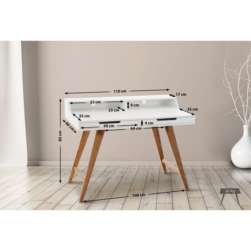Moderni valkoinen kirjoituspöytä tammijaloilla ja säilytystilalla