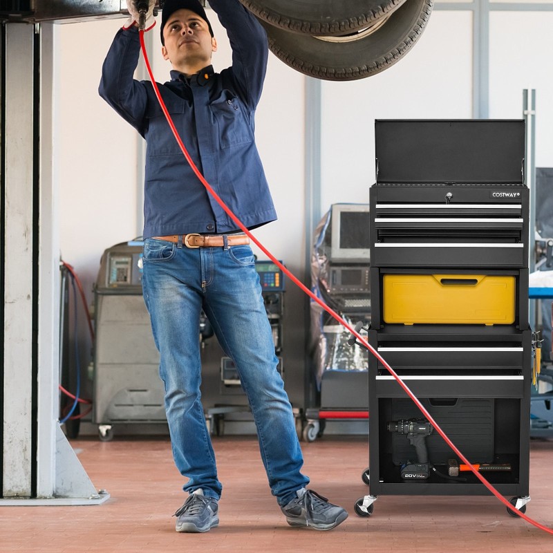 Lukittava työkalukaappi pyörillä ja vetolaatikoilla, musta