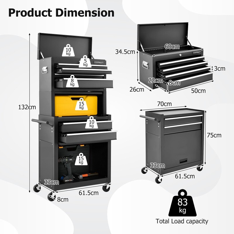 Lukittava työkalukaappi pyörillä ja vetolaatikoilla, musta