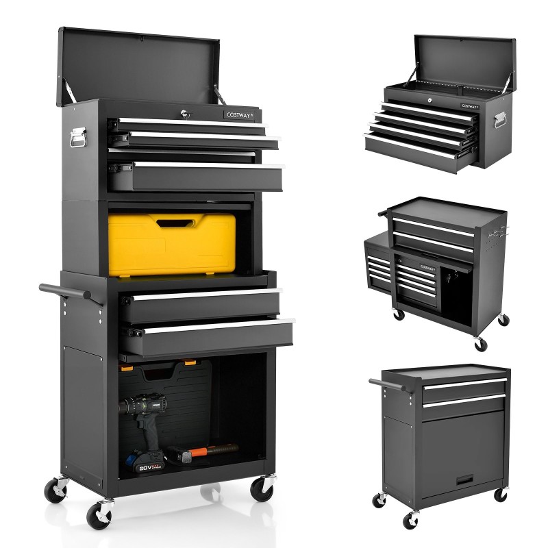 Lukittava työkalukaappi pyörillä ja vetolaatikoilla, musta