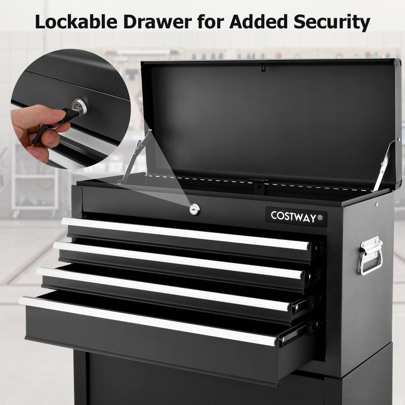 Lukittava työkalukaappi pyörillä ja vetolaatikoilla, musta