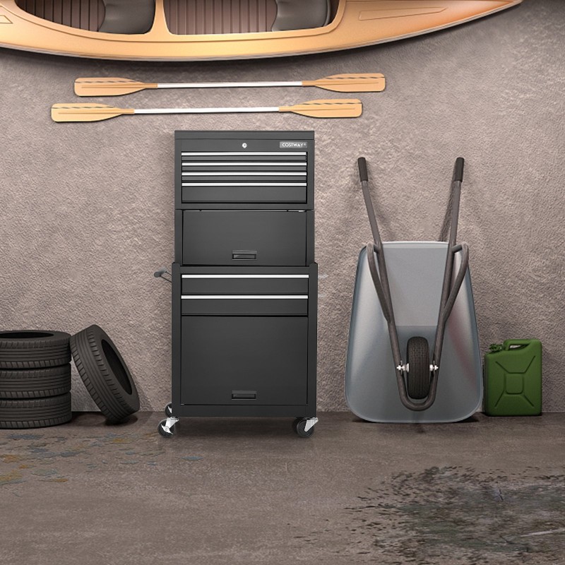 Lukittava työkalukaappi pyörillä ja vetolaatikoilla, musta