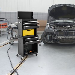 Lukittava työkalukaappi pyörillä ja vetolaatikoilla, musta