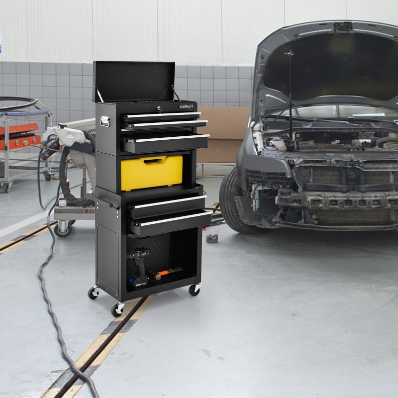 Lukittava työkalukaappi pyörillä ja vetolaatikoilla, musta