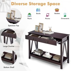 Kaksitasoinen ruskea puinen konsolipöytä kahdella laatikolla