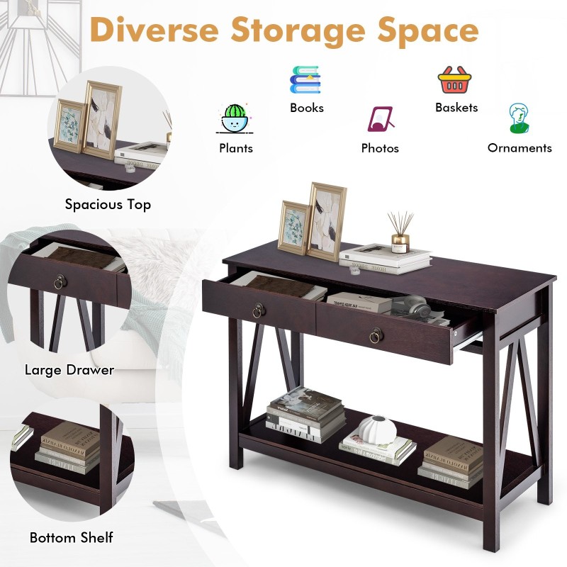 Kaksitasoinen ruskea puinen konsolipöytä kahdella laatikolla