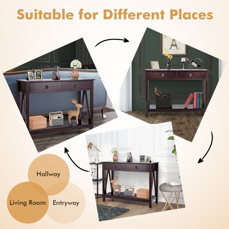 Kaksitasoinen ruskea puinen konsolipöytä kahdella laatikolla