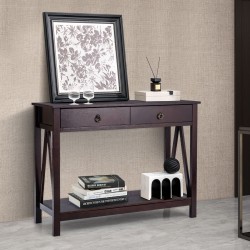 Kaksitasoinen ruskea puinen konsolipöytä kahdella laatikolla