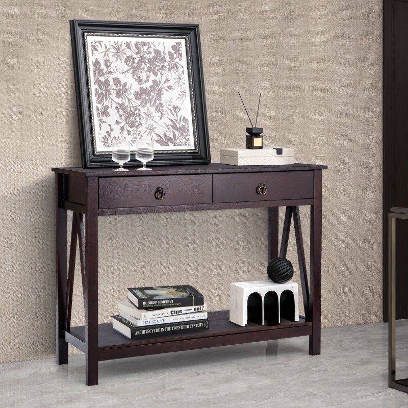 Kaksitasoinen ruskea puinen konsolipöytä kahdella laatikolla
