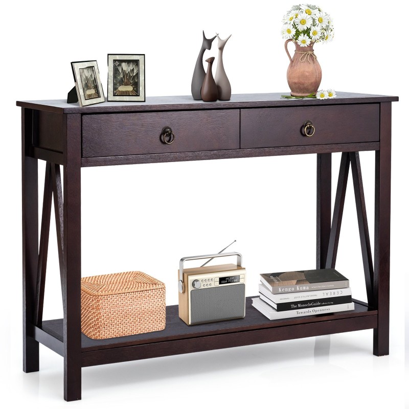Kaksitasoinen ruskea puinen konsolipöytä kahdella laatikolla