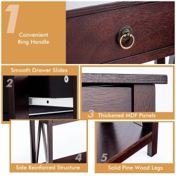 Kaksitasoinen ruskea puinen konsolipöytä kahdella laatikolla