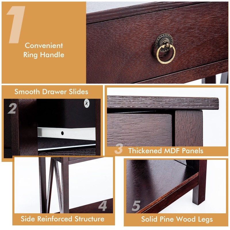 Kaksitasoinen ruskea puinen konsolipöytä kahdella laatikolla