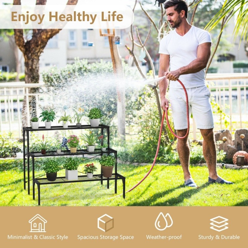 Kolmitasoinen teräksinen kasviteline musta puutarhaan ja parvekkeelle