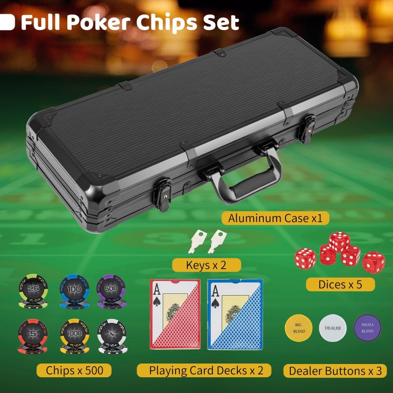 500 kappaleen pokerisetti 14g pelimerkeillä ja korttipakoilla