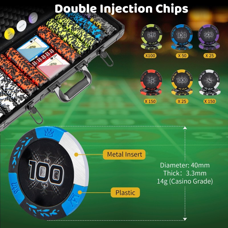 500 kappaleen pokerisetti 14g pelimerkeillä ja korttipakoilla