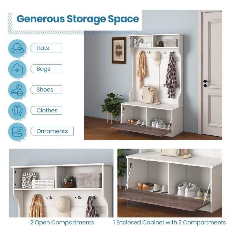 Valkoinen eteispenkki vaatekaappi 5 koukkua ja säilytystila
