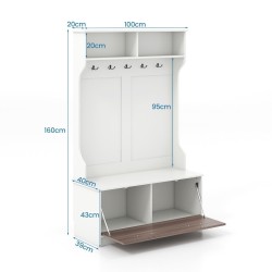 Valkoinen eteispenkki vaatekaappi 5 koukkua ja säilytystila