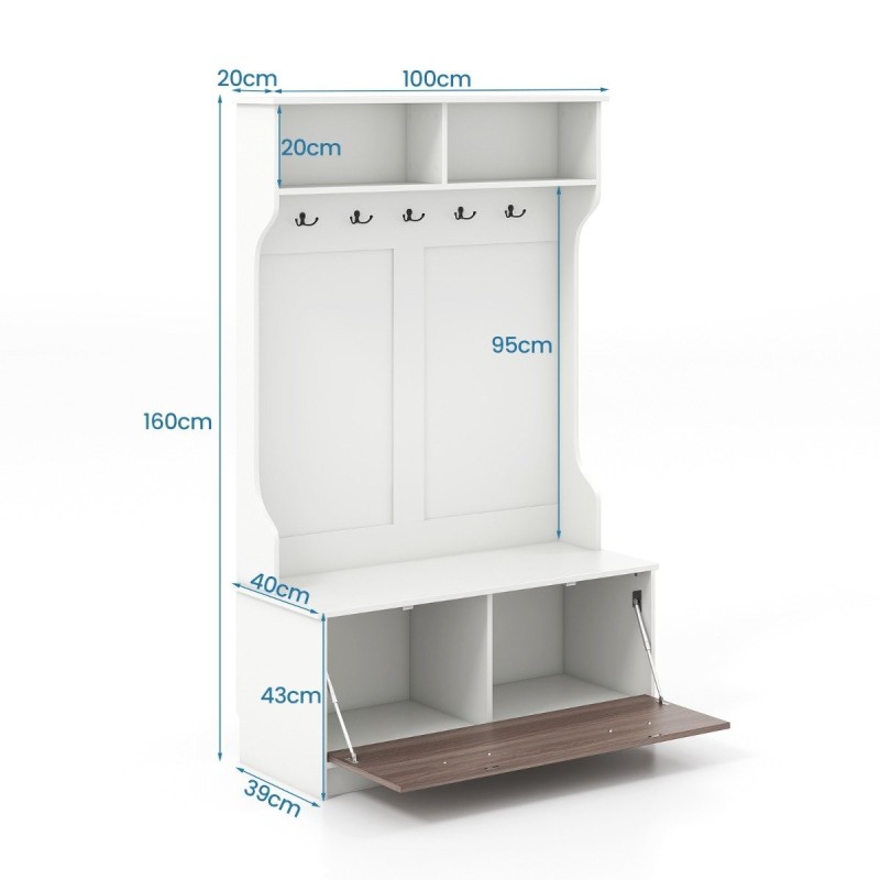 Valkoinen eteispenkki vaatekaappi 5 koukkua ja säilytystila