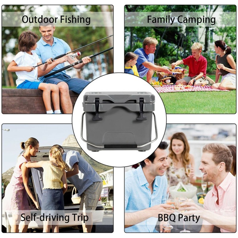 Kompakti harmaa kylmälaukku 15L kahvoilla ja juomatelineillä