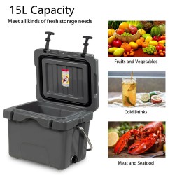 Kompakti harmaa kylmälaukku 15L kahvoilla ja juomatelineillä