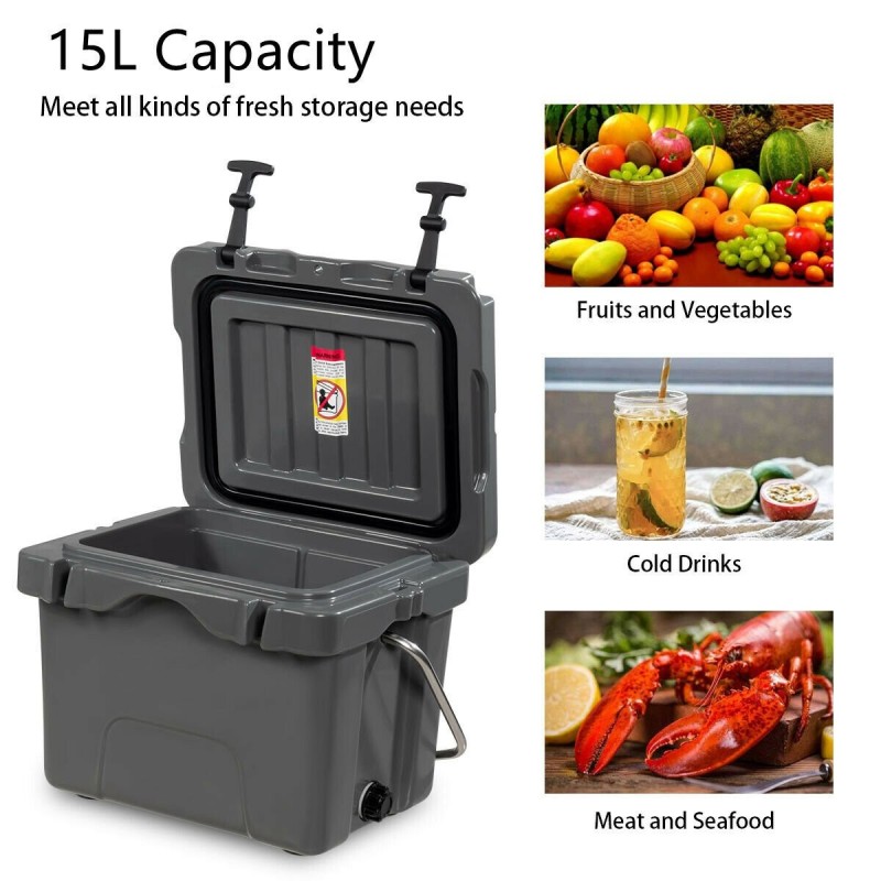 Kompakti harmaa kylmälaukku 15L kahvoilla ja juomatelineillä