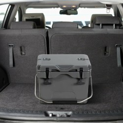 Kompakti harmaa kylmälaukku 15L kahvoilla ja juomatelineillä