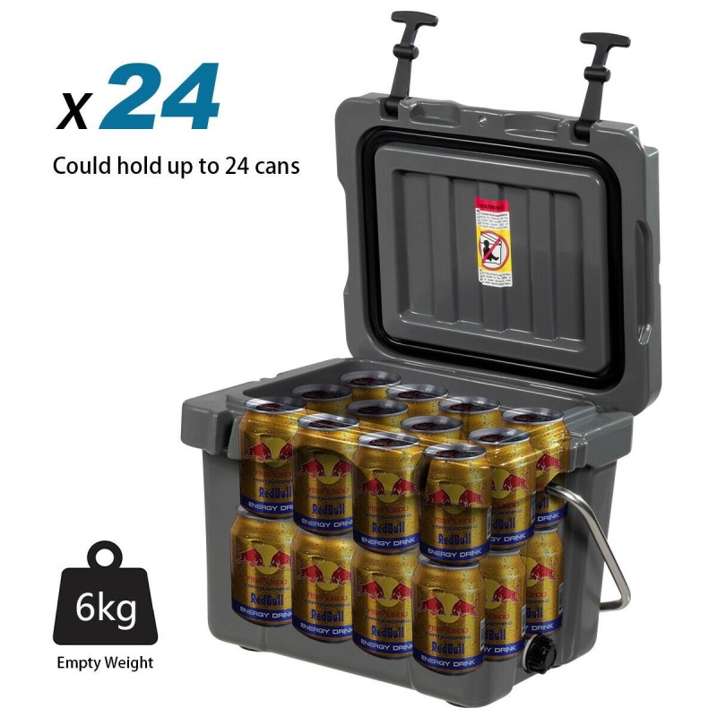 Kompakti harmaa kylmälaukku 15L kahvoilla ja juomatelineillä