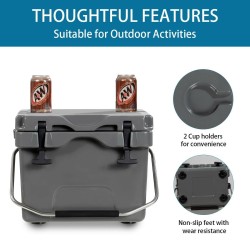 Kompakti harmaa kylmälaukku 15L kahvoilla ja juomatelineillä