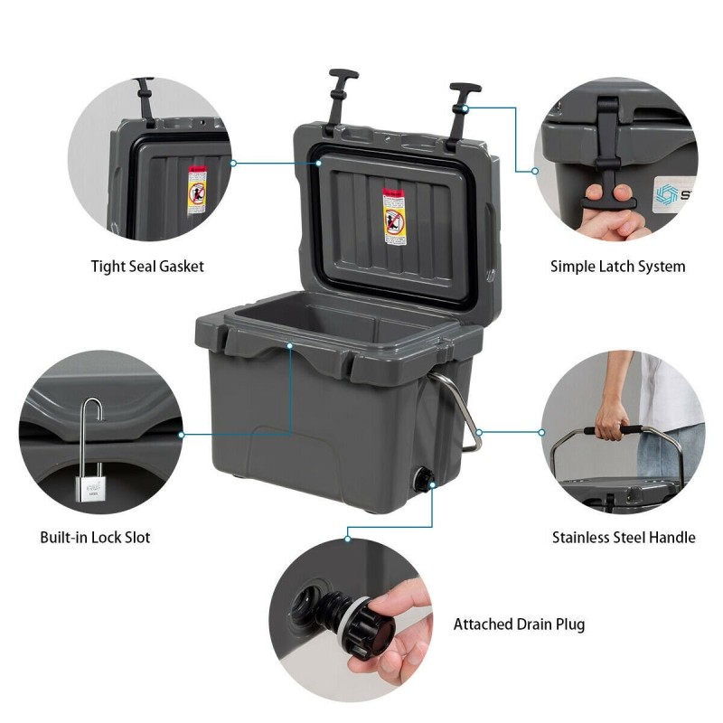 Kompakti harmaa kylmälaukku 15L kahvoilla ja juomatelineillä