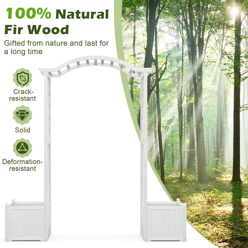 Valkoinen puutarhakaari kuusipuusta istutuslaatikoilla ja ristikoilla
