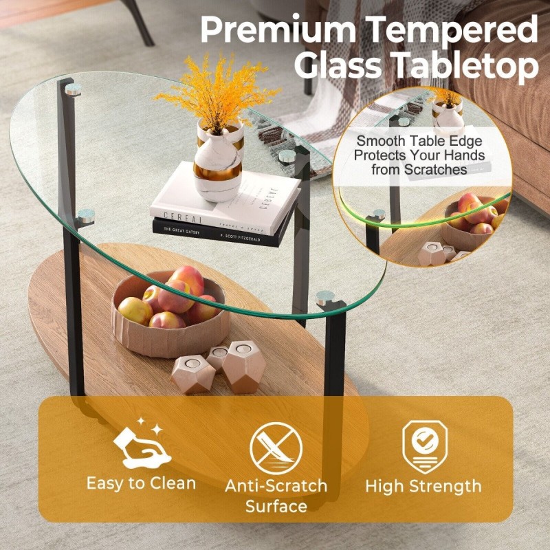 Sohvapöytä karkaistulla lasilla ja puuhyllyllä, luonnonväri Sohvapöytä karkaistulla lasilla ja puuhyllyllä, luonnonväri