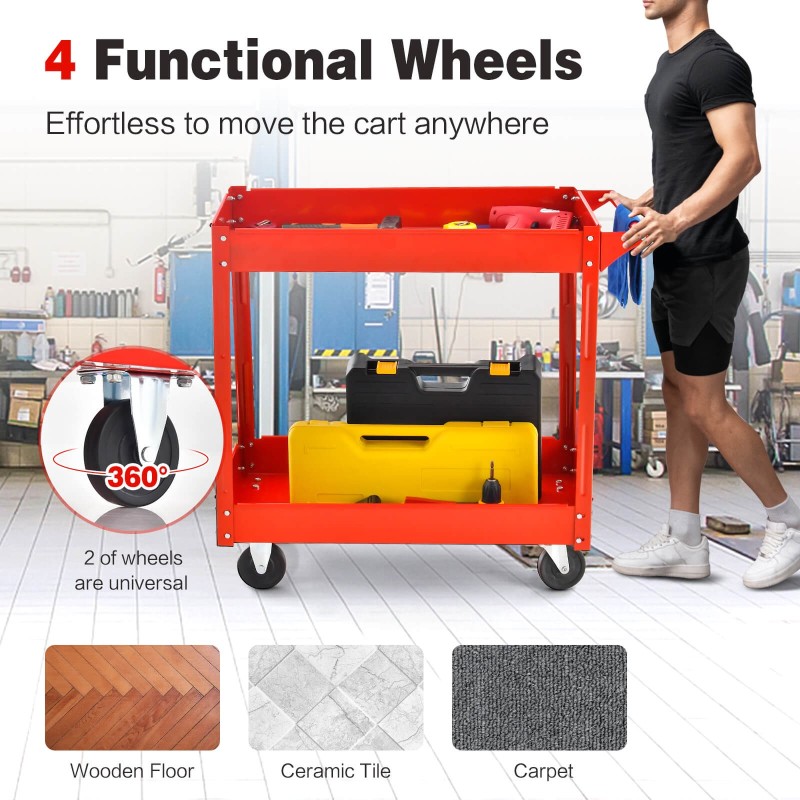 Kaksitasoinen punainen työkalukärry kahvalla ja pyörillä