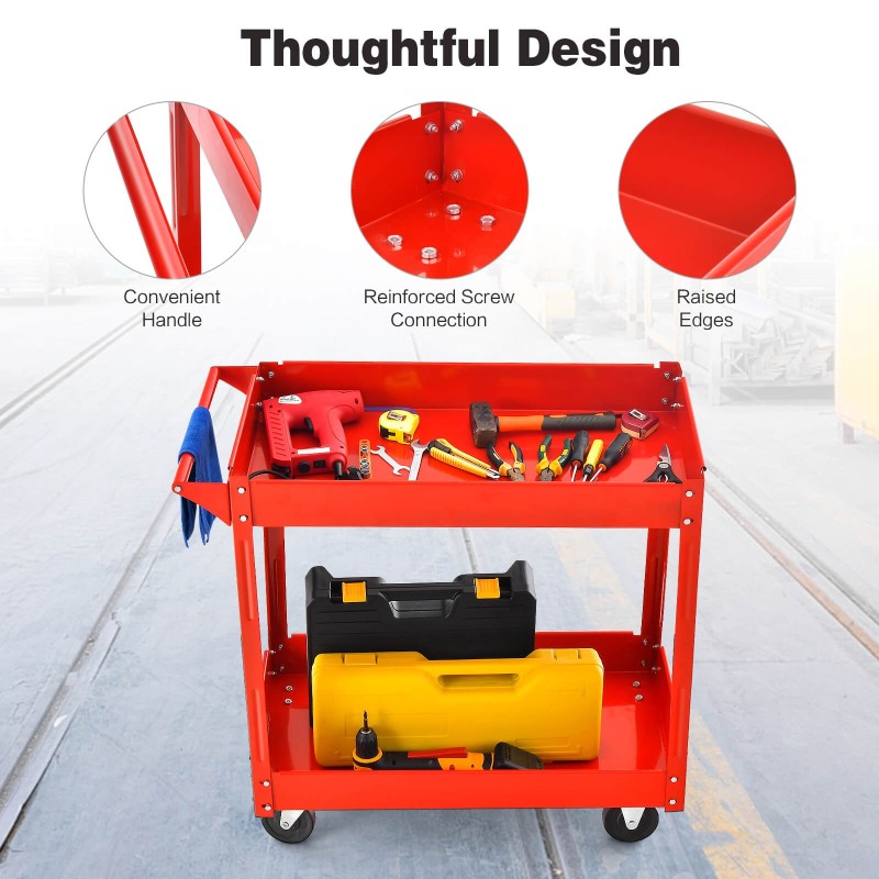 Kaksitasoinen punainen työkalukärry kahvalla ja pyörillä