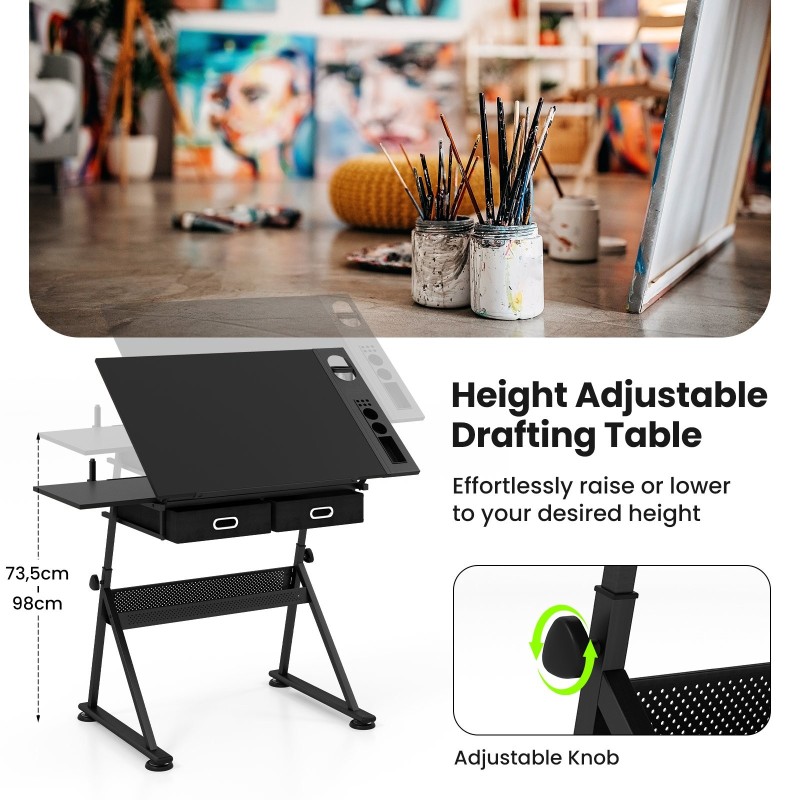 Korkeussäädettävä piirustuspöytä tuolilla ja säilytystilalla musta