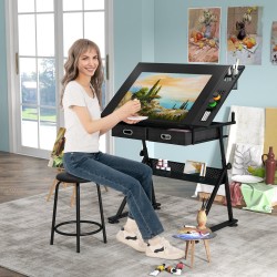 Korkeussäädettävä piirustuspöytä tuolilla ja säilytystilalla musta