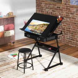 Korkeussäädettävä piirustuspöytä tuolilla ja säilytystilalla musta