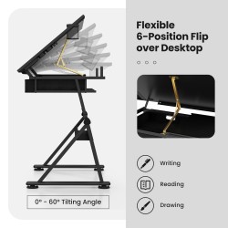 Korkeussäädettävä piirustuspöytä tuolilla ja säilytystilalla musta