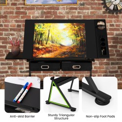 Korkeussäädettävä piirustuspöytä tuolilla ja säilytystilalla musta