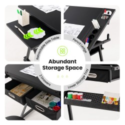 Korkeussäädettävä piirustuspöytä tuolilla ja säilytystilalla musta